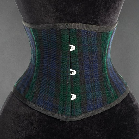 New Black Watch Tartan Waist Cincher Corset Spiral Metal Boning Lined Back Tie - Picture 2 of 7